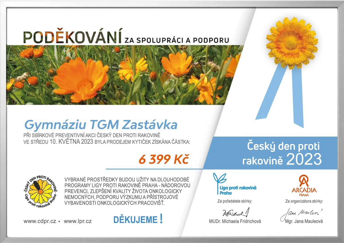 Certifikát sbírky Český den proti rakovině